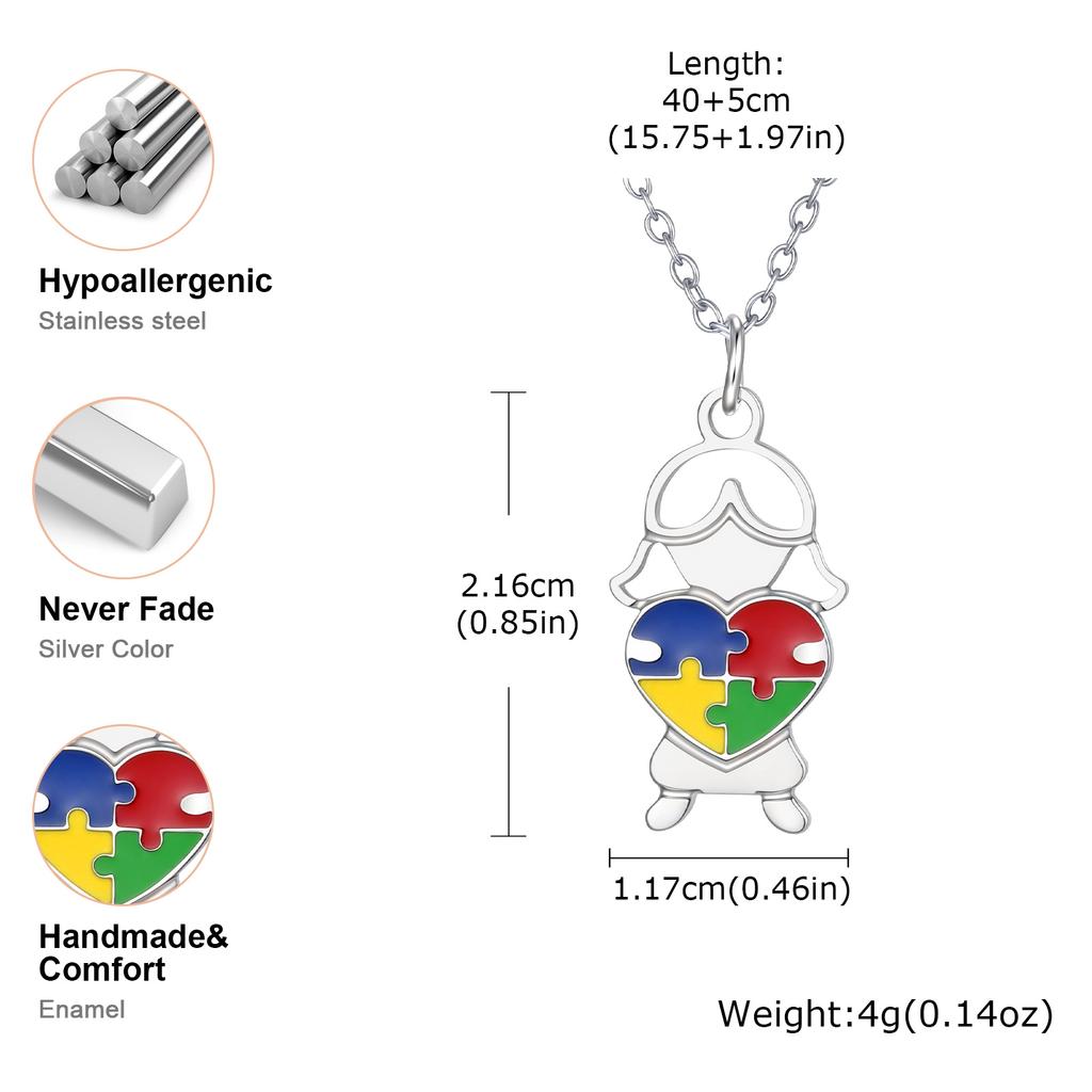 Stainless Steel Jewelry Heart Puzzle Boy&Girl Shaped Pendant Necklace Autism Awareness Silver Color Chain Necklace for Women