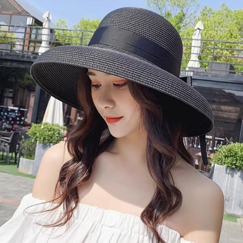 Vintage Hepburn Black Straw Hat Sun Hat Sunscreen Resort Beach Hat Women's Summer Big Eaves Sun Hat