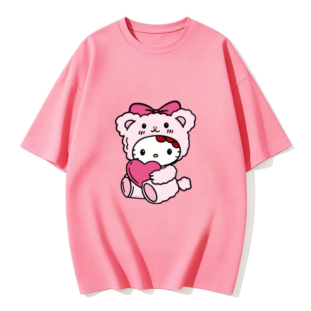 2026 Summer Hello Kitty Cartoon Printed Short Sleeve Pure Cotton Tshirt Womens Family Matching Outfits Classic Fashion Tee Top