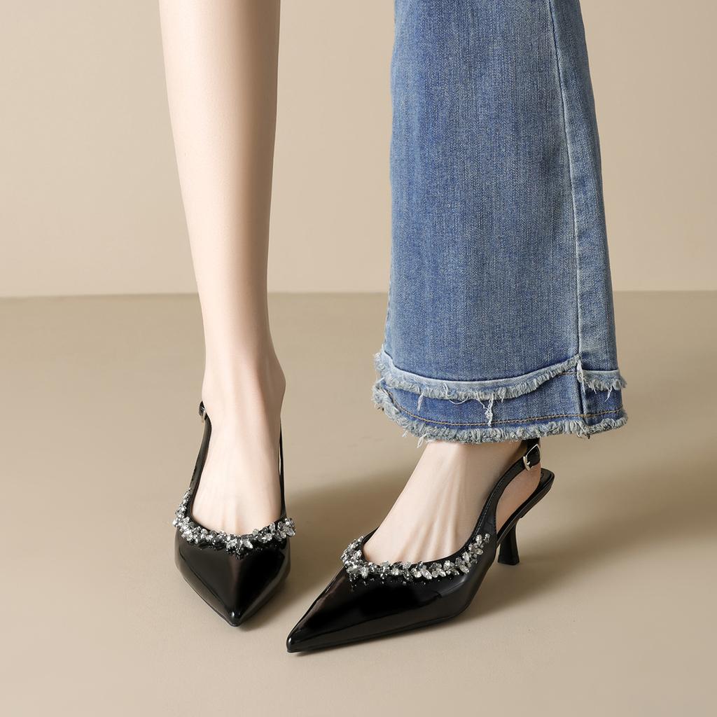 Baotou Rhinestone Sandals Women's Back Empty New Summer Beautiful Fine Heel High Heel Women's Shoes