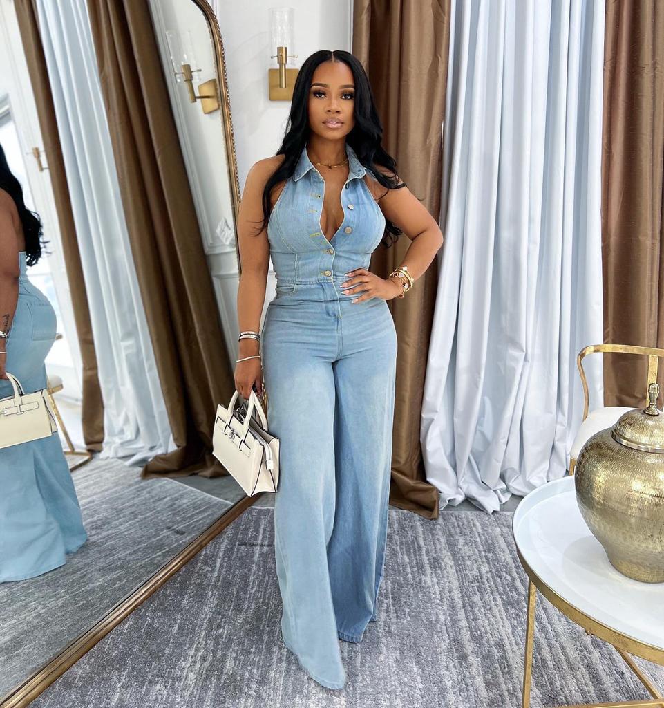 VIONA Women Denim Sleeveless Single Breasted Wide Leg Jeans Jumpsuit Halter Neck Backless Summer One Piece Suit Playsuits