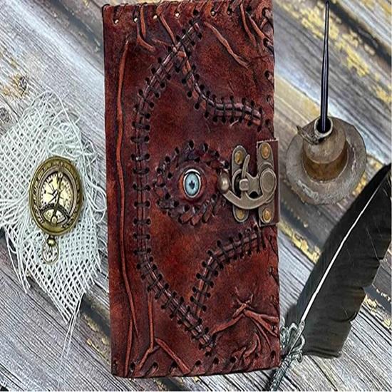 20.32 Cm Leather Journal Third Eye Deckle Edge Paper Grimoire Journal Book of Shadows Seven Chakra Spell Book Lock Clasp Notebook
