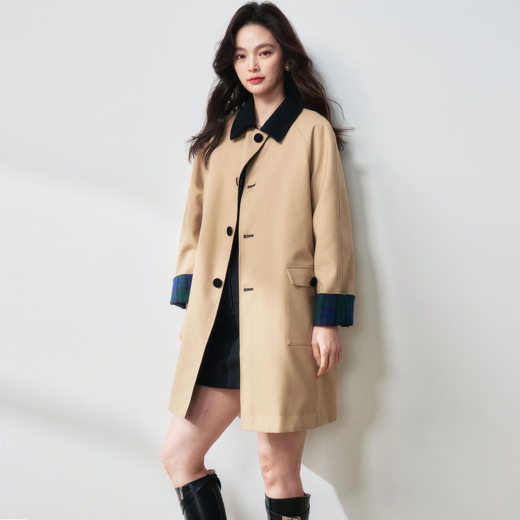 Autumn New Retro Contrasting Color Miu Plaid Double-sided Khaki Medium and Long Age-reducing Trench Coat Jacket 072