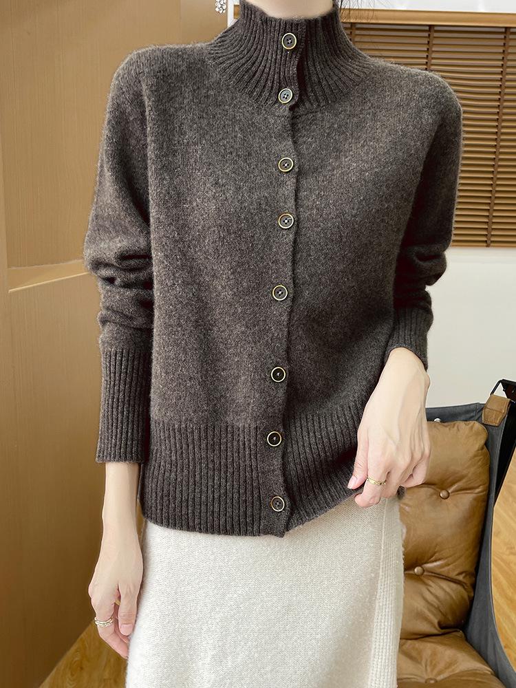 High-End Women's Stand-Up Collar Wool Cardigan Coat - Autumn/Winter Casual Knit Sweater.