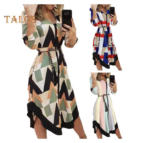 Damen-Midikleid mit Knopfleiste und V-Ausschnitt, langärmliges Kleid mit Schnürung und Aufdruck, lässiges Sommeroutfit für den Alltag, Urlaub, Club, Cocktailparty