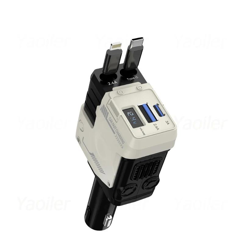 

4 in 1 Retractable Car Charger w/ Retractable Cables 2 USB Ports Super Fast Car Phone Charger for iPhone Huawei Samsung