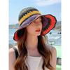 Handmade women's foldable bohemian seaside rainbow color block bucket hat, sun-shading and face-slimming trendy hat