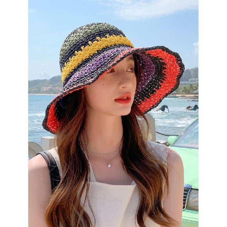 Handmade women's foldable bohemian seaside rainbow color block bucket hat, sun-shading and face-slimming trendy hat