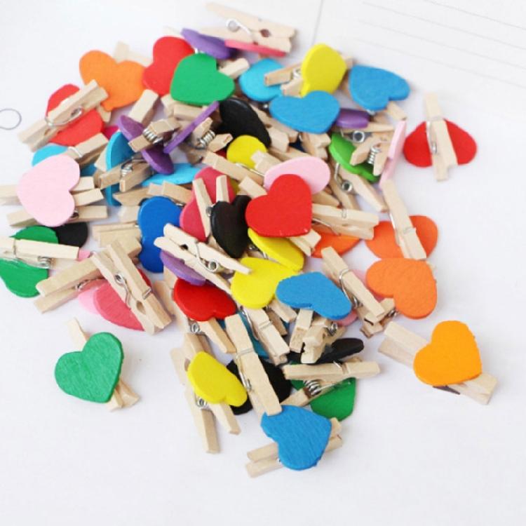 DIY Craft Wooden Clips Natural Wood Clothespins Love Heart 50pcs Colored Heart