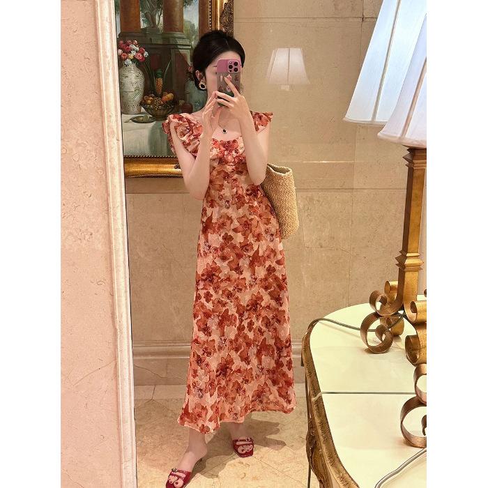 

Summer waist and thin big round neck ruffle edge skirt retro French dating foreign floral dress women S красный