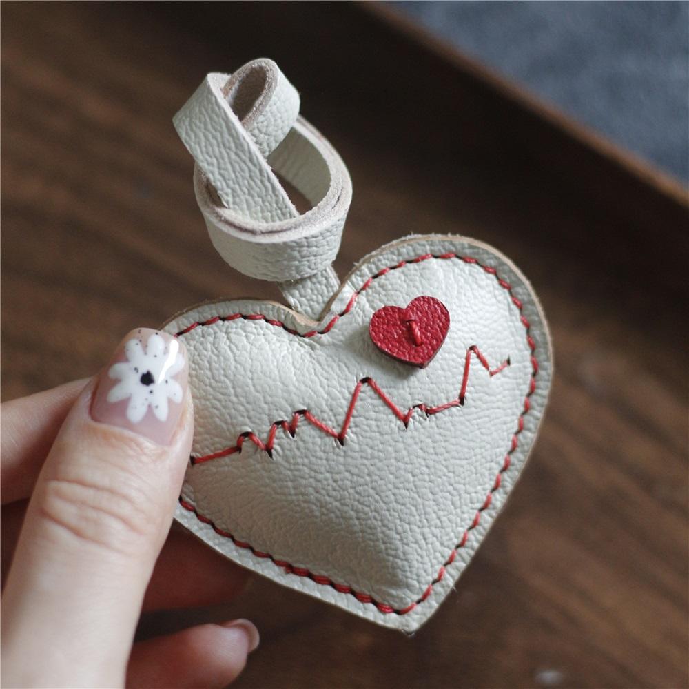 Genuine Leather Bag Pendant Heart-Shaped Charm Cute Keychain Backpack Accessory