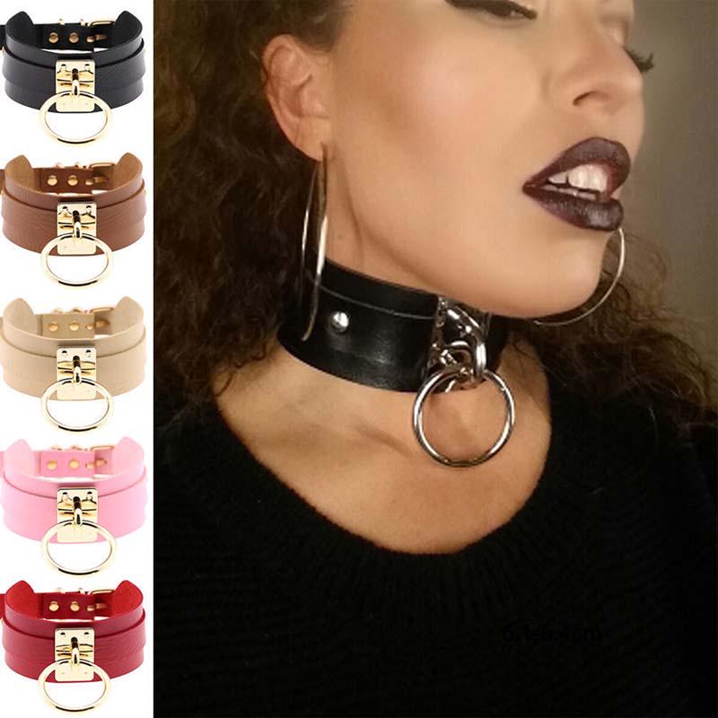Punk Gothic Breites PU-Leder O-Ring Halsband Choker Halskette Damen