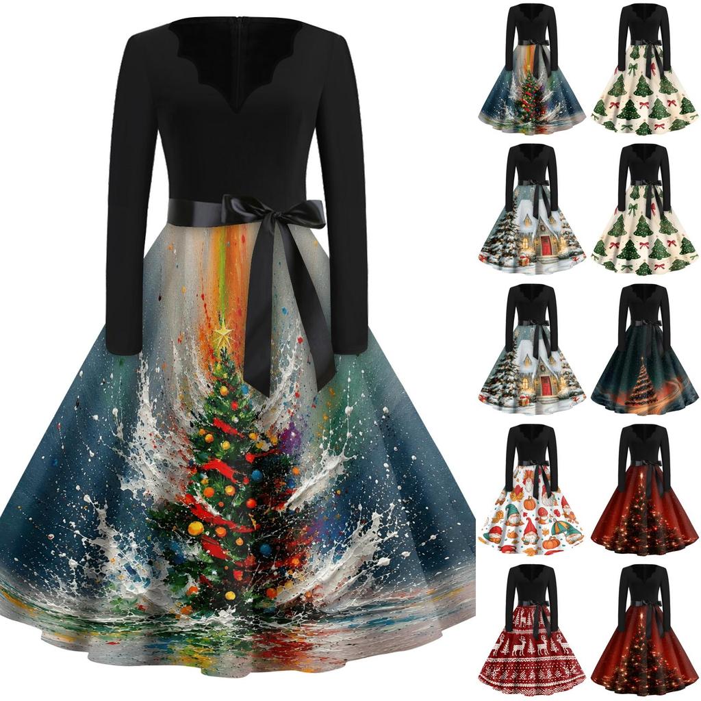Women's Casual Vintage V-Neck Long Sleeve Dress with Christmas Print for Holiday Party