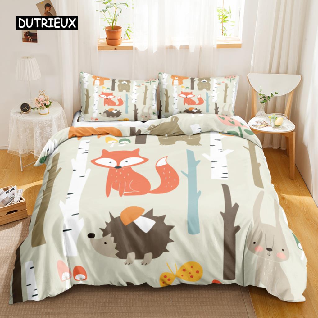 Fox Duvet Cover Set Kids Cartoon Fox Comforter Cover Cute Orange Wildlife Duvet Cover for Boys Animal Twin Polyester Bedding Set