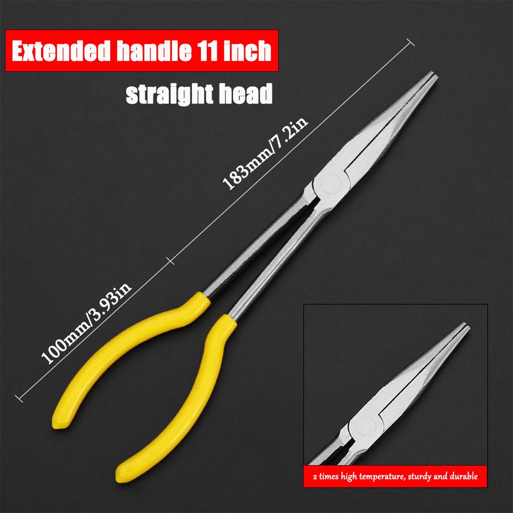 Long Nose Plier 11” Reach, Straight, Angle, Curved Pliers, 45 & 90 & 25 Degree, Bent Head Needle Nose Pliers for Mechanics