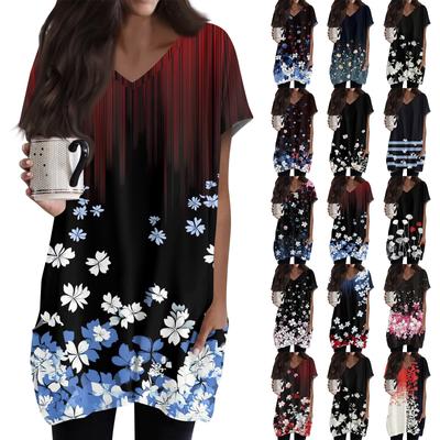 Damen Tops V-Ausschnitt Kurzarm Blusen Lässige Mittellange Shirts Modischer Print Tunika Tops Mit Taschen
