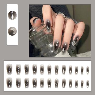 Long False Nails with Star Full Cover Stick On Nails Black Gradient Press On Nails Manicures Supplies for Halloween