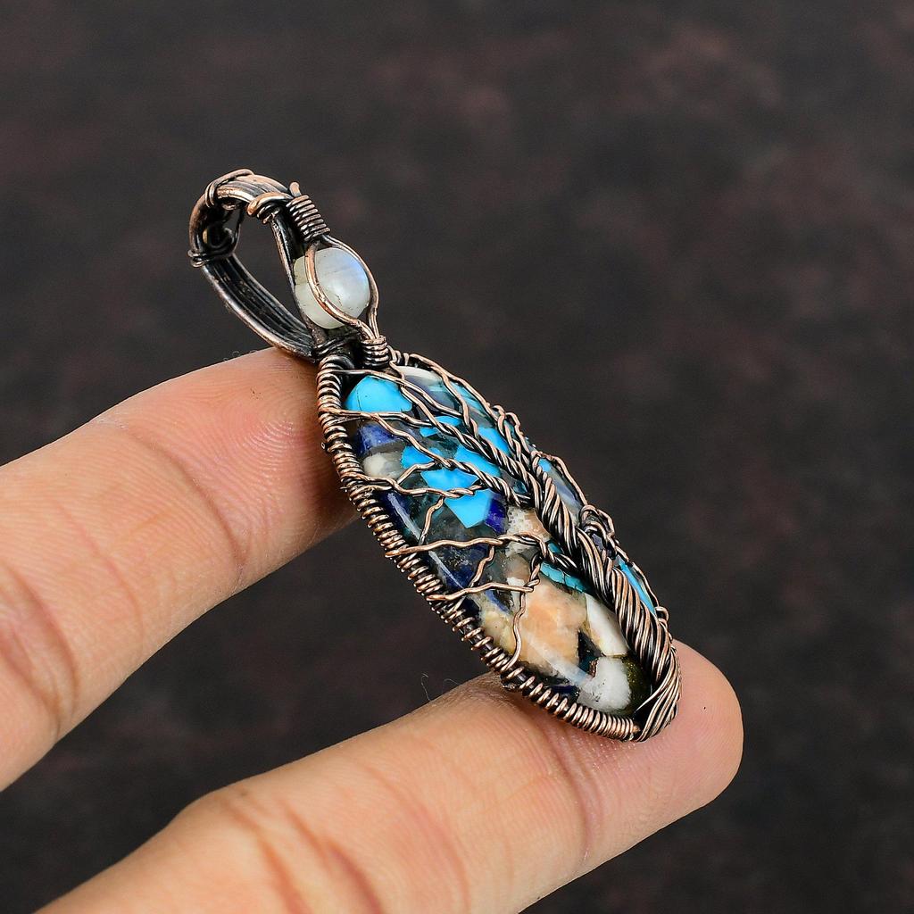 Tree Of Life Copper Blue Turquoise Pendant Copper Wire Wrapped Rainbow Moonstone Pendant Handmade Gemstone Jewelry Copper Pendant For Gift