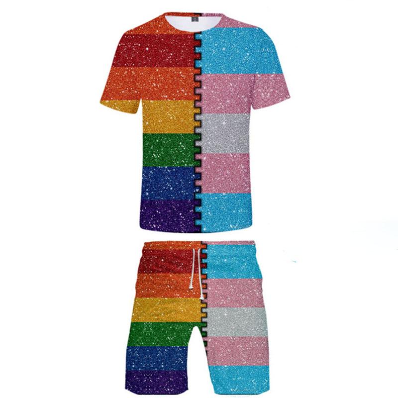 Elemente colorate Moda Imprimare 3D Bărbat Femei Seturi de tricouri Curcubeu LGBT Tricou Pantaloni scurți Set din două piese Casual Harajuku Streetwear