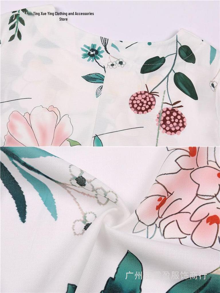 Women's Summer Retro Print Loose Cotton-Linen Short Sleeve Casual T-Shirt