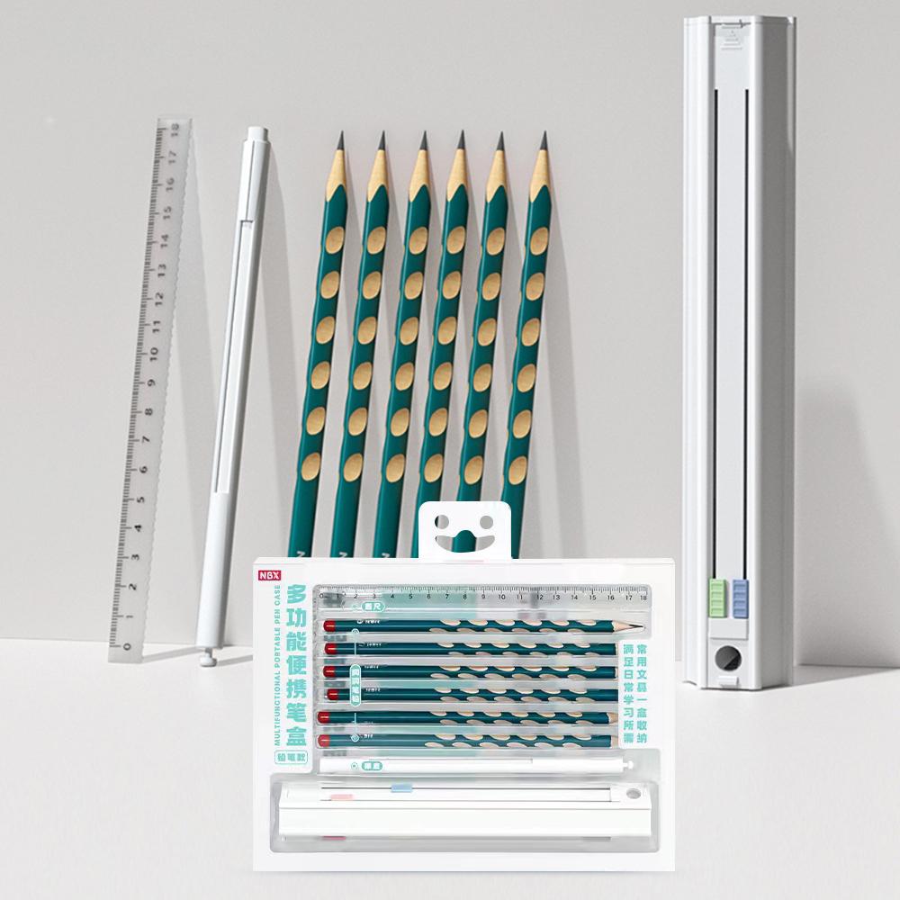 NBX Cute Pencil Box Hexagonal Standing Pen Holder MultiFunction PushPull Stationery Box Set