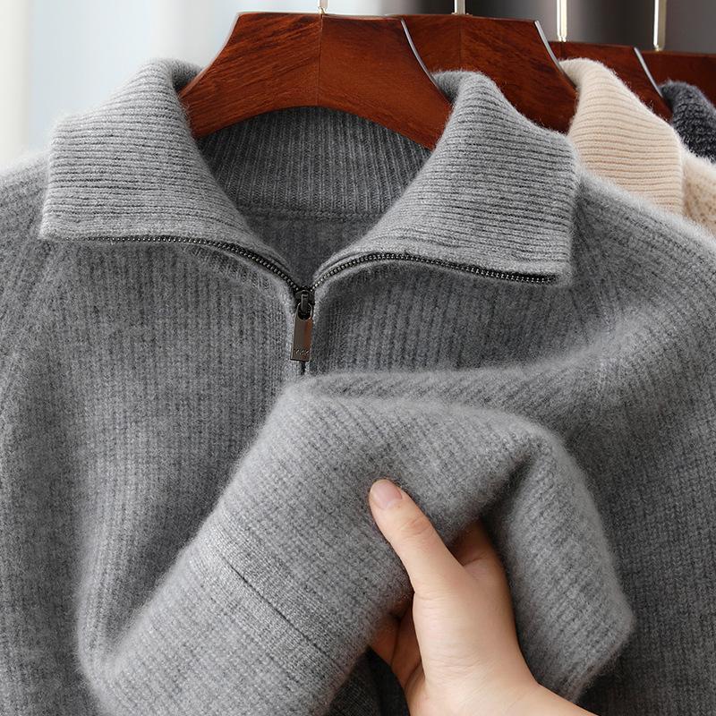Herren-Cardigan-Pullover aus reiner Wolle mit hohem Kragen und Reißverschluss - Herbst/Winter Dick gestrickt, einfarbig