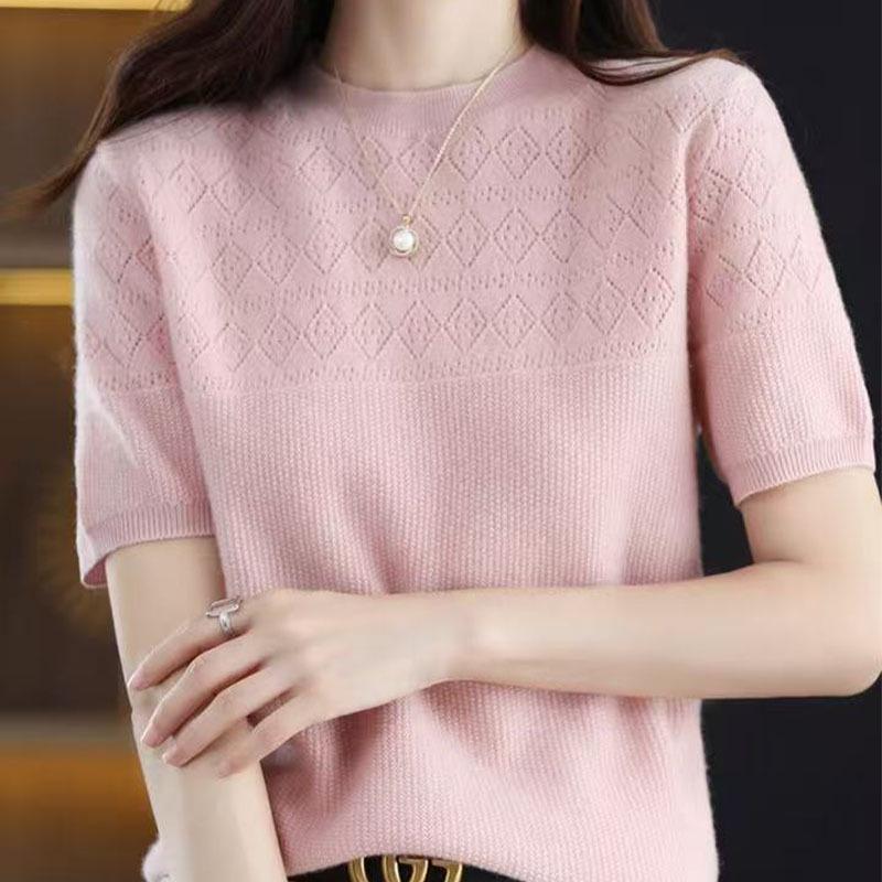 High-Quality Ice Silk Knitwear Summer Hollow Out T-Shirt - Round Neck, Loose Fit, Thin, Stylish, and Versatile.