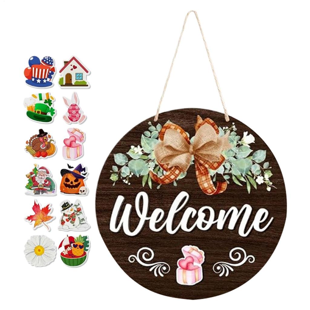 Interchangeable Welcome Sign Door Decoration Pendant 12 Inch Round Wooden Welcome Sign Flower Wreath For Front Porch