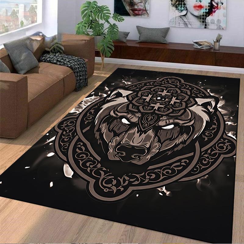 "Mandala Wolf Design Rug with Glowing Eyes On Black Background" Suitable for Use As an Anti-slip for Living Room Bedroom Sofas