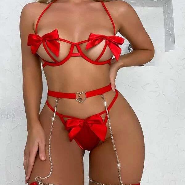 European and American Sexy Women's Hollow-Out Bandage Lingerie Three-Piece Set