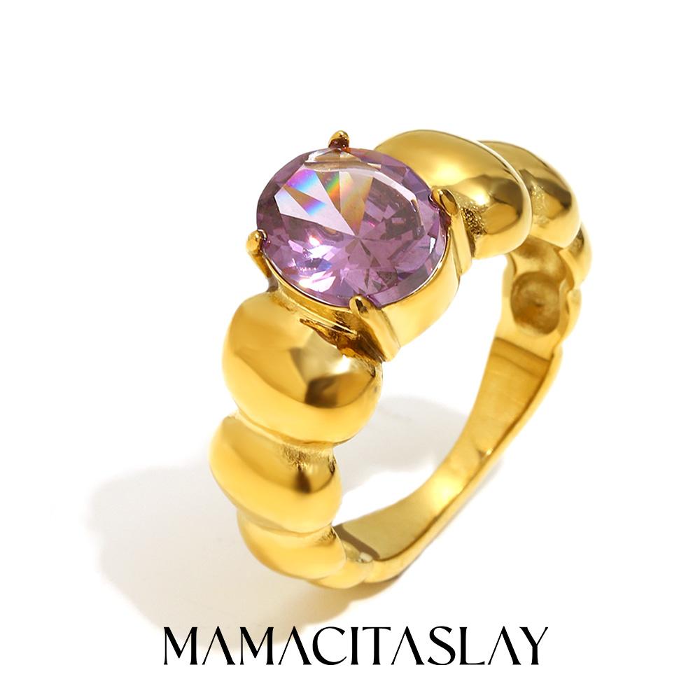 

MamacitaSlay Classic 316L Stainless Steel Oval Multicolor Zircon Ring 18K Gold Plated Waterproof Jewelry For Women Everyday Wear 7 фиолетовый