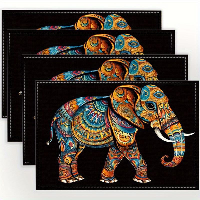 Set of 4 Beautifully Designed Placemats Featuring a Stylish Elephant Pattern, Made of Linen. These Personalized, Heat-Resistant Table Mat 4PCS