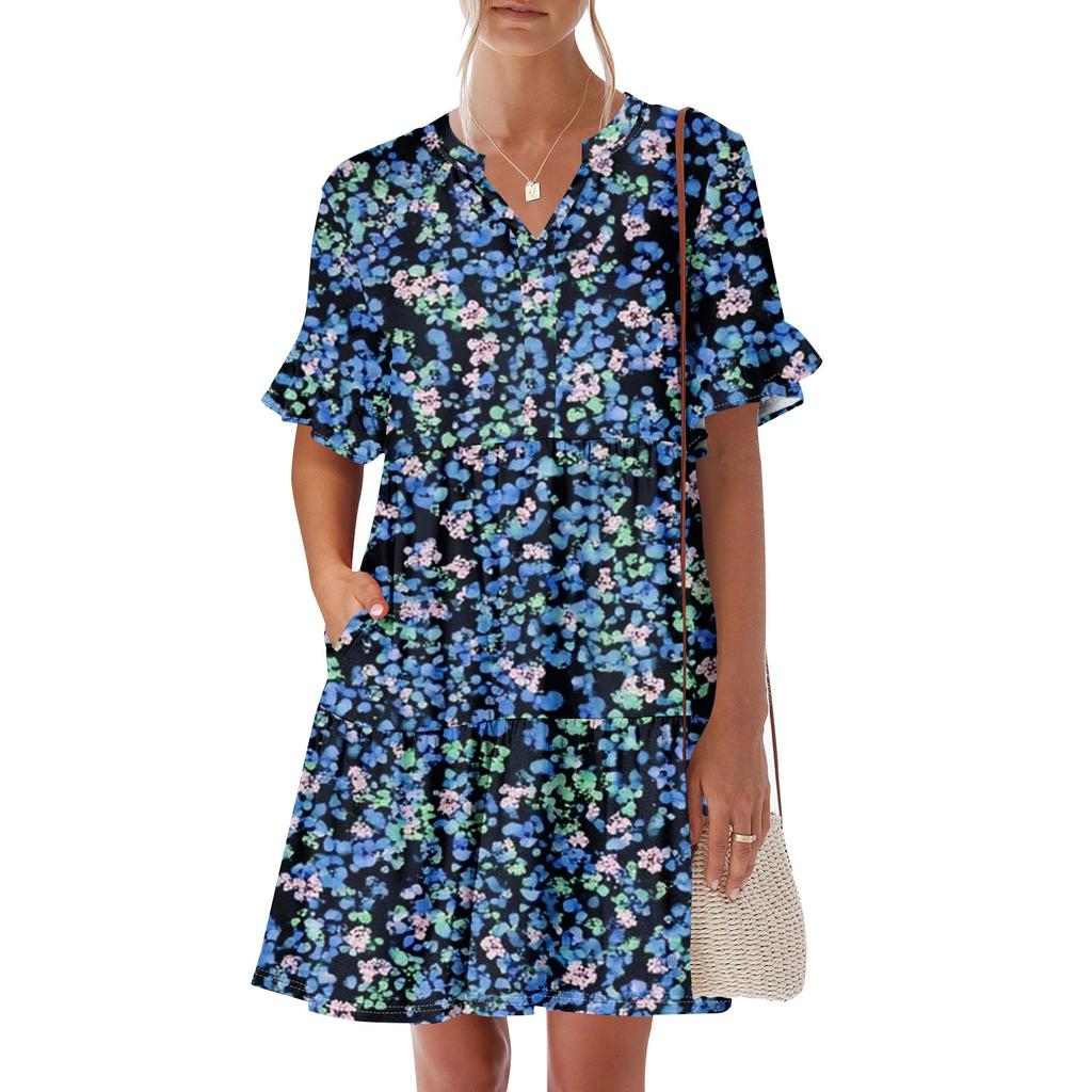 Womens Summer Dress Short Sleeve V Neck Short Dresses Fashion Casual Flowy Boho Ruffle A Line Swing Sundress With Pockets