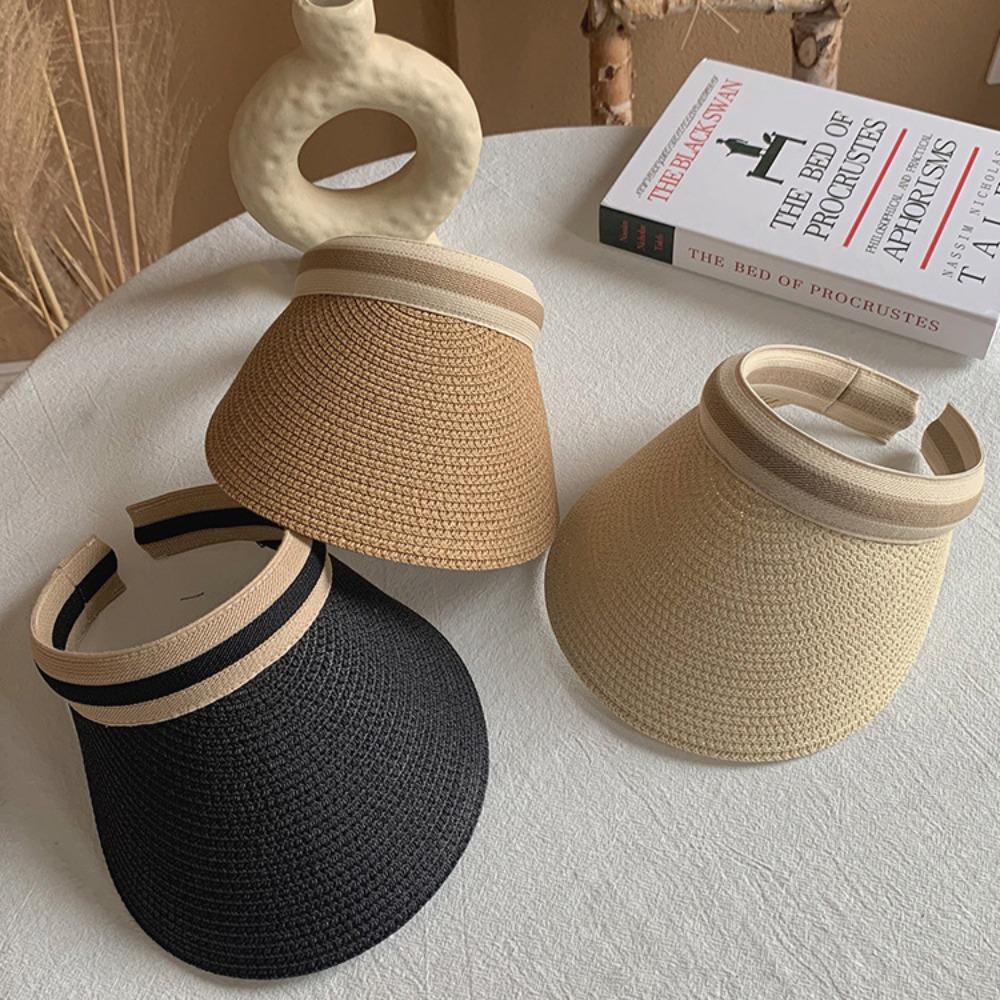 Large Brim Lafite Straw Visor Cap Adjustable Summer Sun Cap Seaside Hollow Hat Beach