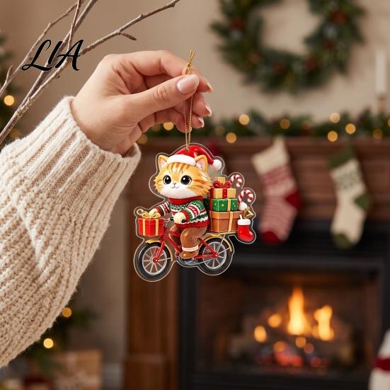 Cat Shaped Decorations Christmas Pendant with Hanging Rope, 2D Flat Acrylic Ornament for Xmas Tree Lover Gifts Decoration, Cute Holiday Decor,