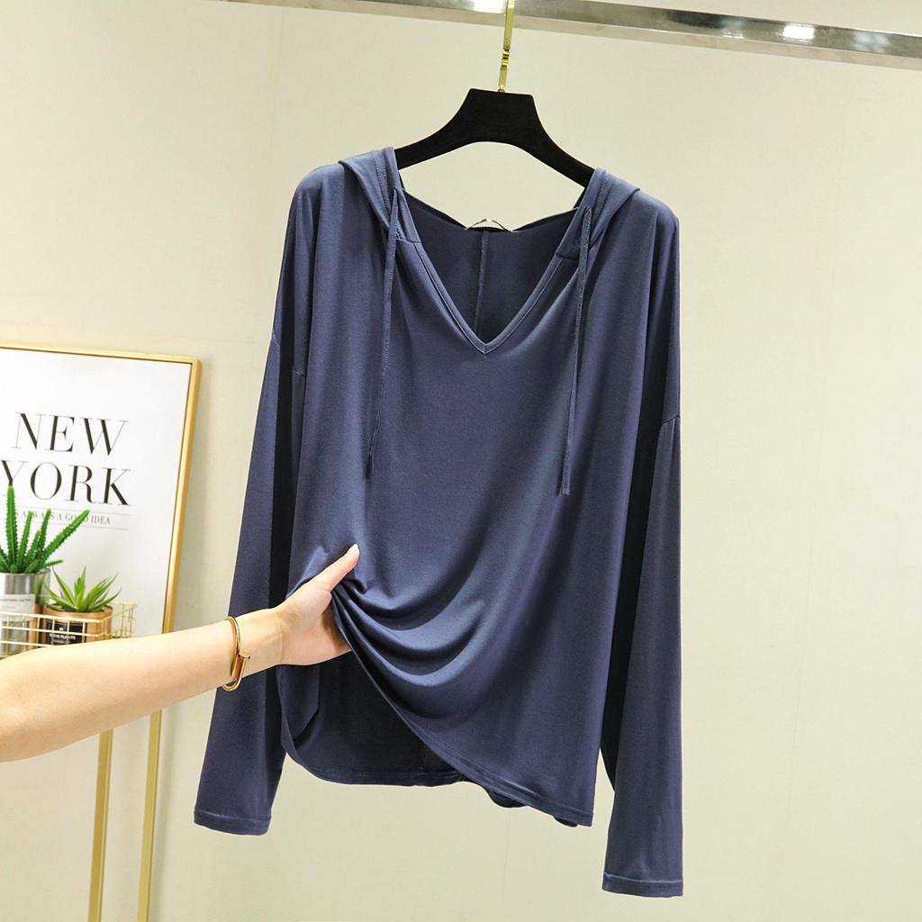 Plus Size Women's Long-Sleeve Modal T-Shirt - Hooded, Solid Color, Sun Protection, Lightweight for Spring/Summer