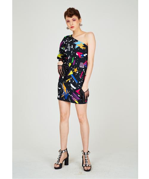 Greedius Multi-Shape Print One-Sleeve Dress