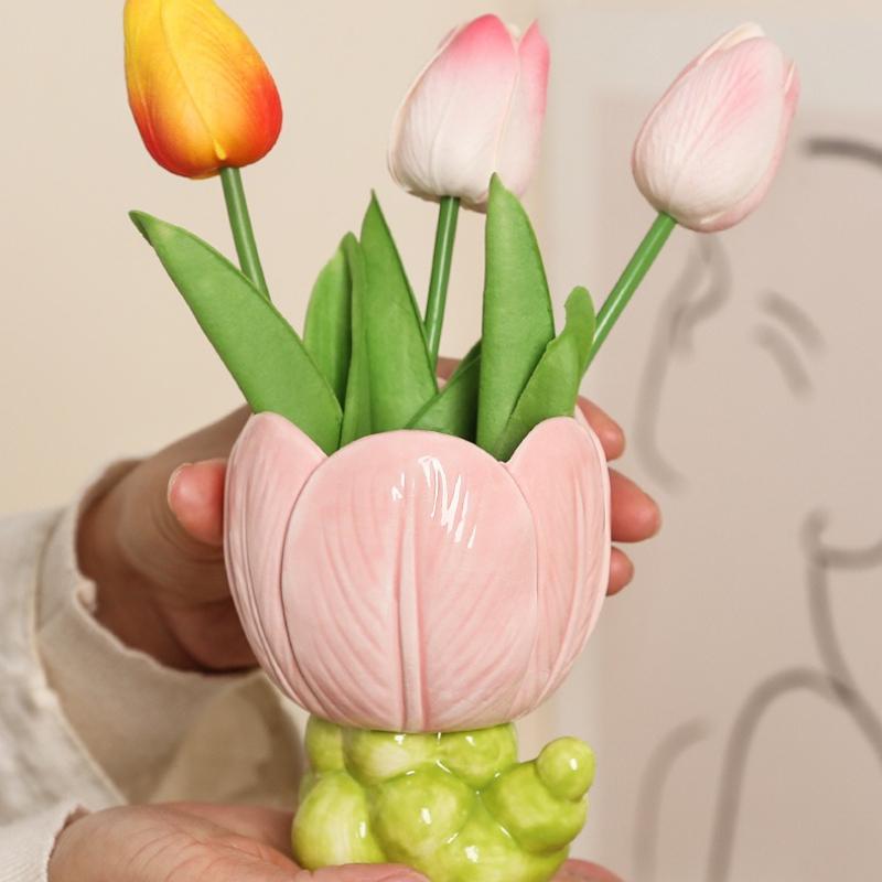 1 Stück Keramik Tulpenblume Make-up Stifthalter Aufbewahrungsbox Schreibtischdeko Blumenvase Arrangement Wohnzimmer Schreibtischdeko Schreibwarenregal