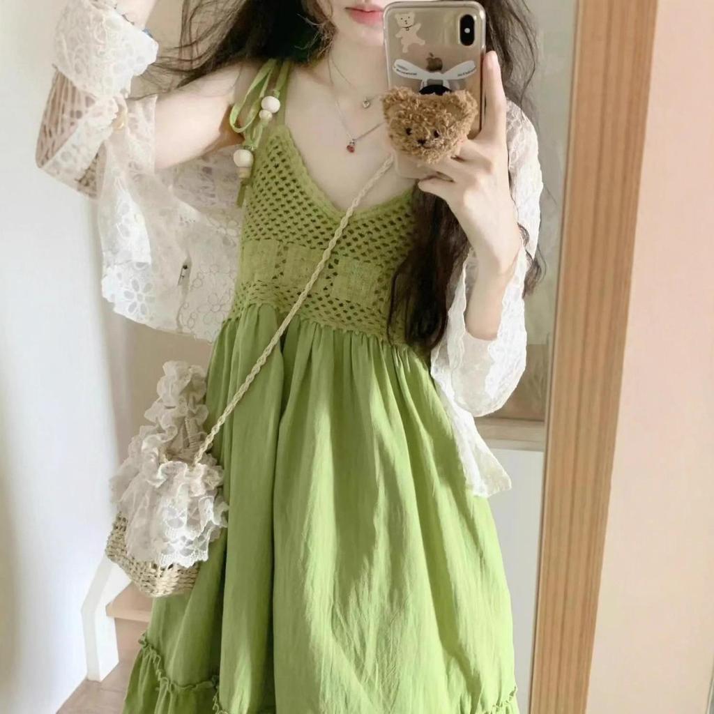 Bohemian Green Tassel Two-Piece Sleeveless Spaghetti Strap Summer Babydoll Mini Dress for Women