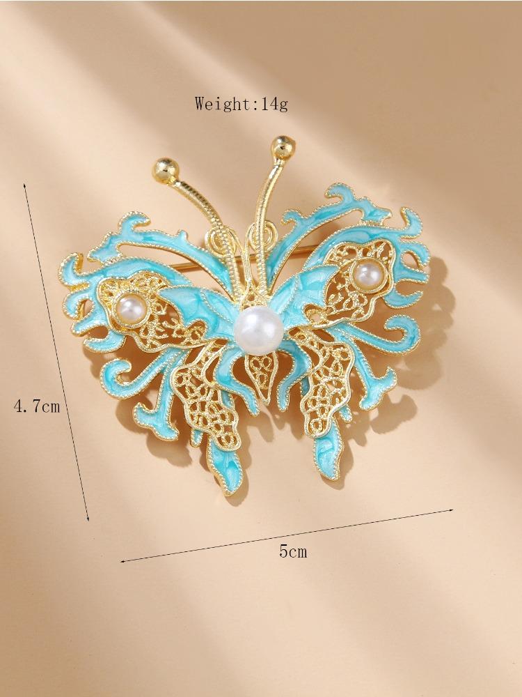 Chinese Style Ethnic Hollowed Out Oil Drop Pearl Butterfly Auspicious Cloud Pendant Brooch Cheongsam Accessories Female Pins Long-Lasting Color Brooch