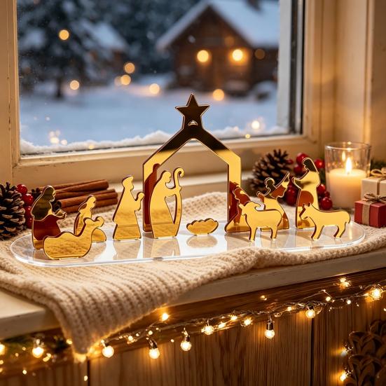 Office Holiday Decor Christmas Acrylic Ornament, Mirrored Golden Silhouette Scene, Decorative Modern Craft Desktop Display for Living Room Fireplace