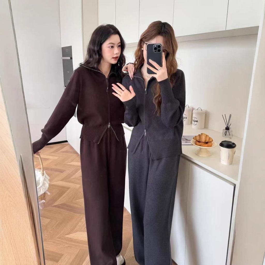 Damen Mode Langarm Doppelreißverschluss Pullover Cardigan Hose Sport Zweiteiler Lässiger Cardigan Anzug Damen