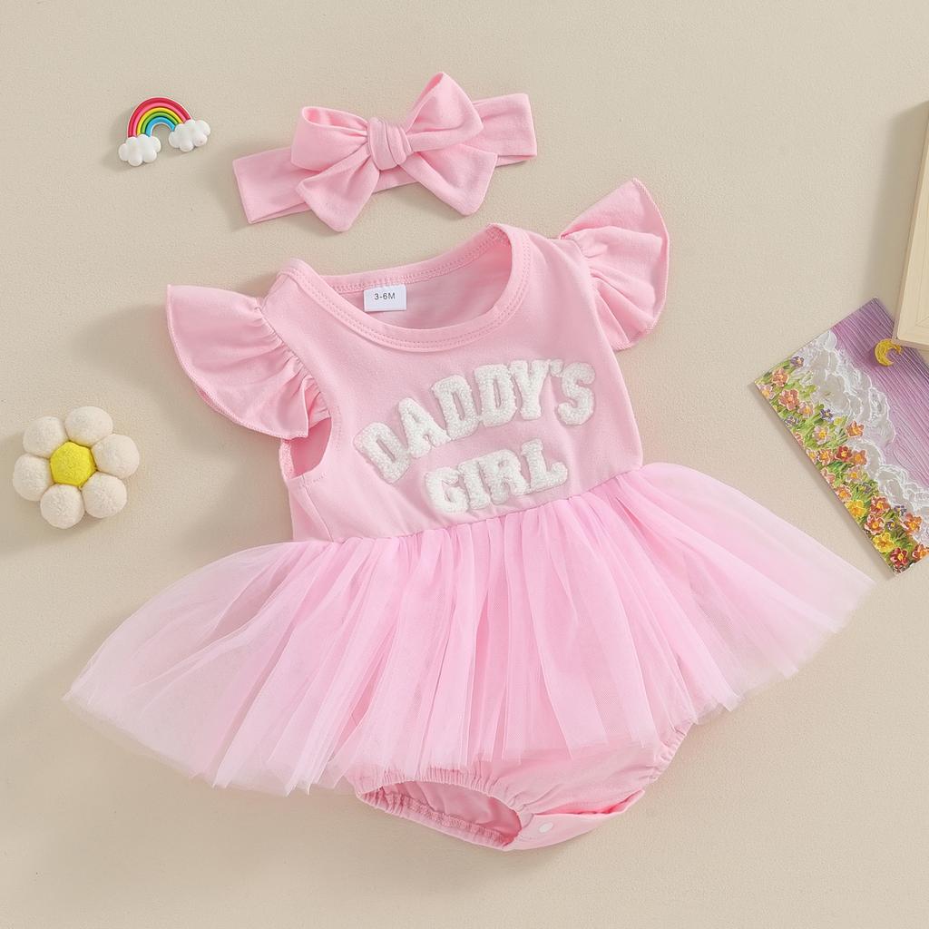 Baby Girl 2 Piece Outfits Letter Embroidery Mesh Romper Dress and Headband Cute Fashion Summer Clothes
