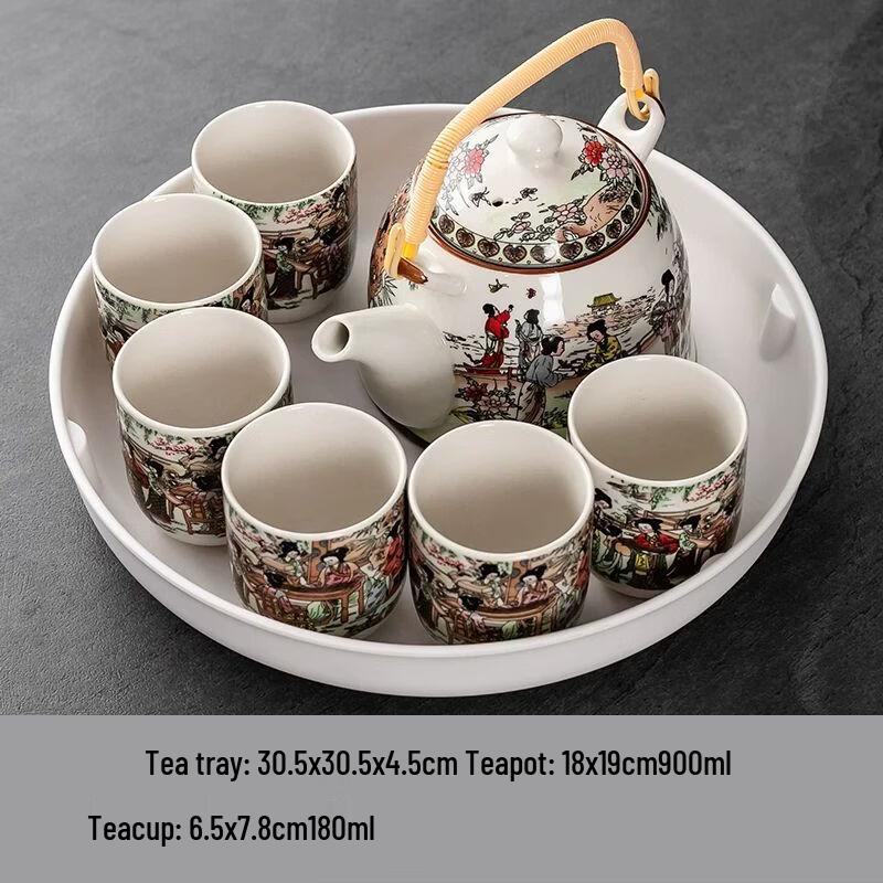 

Anmu Chinese Ceramic Tea Set with Lifting Handle Pot and Tray