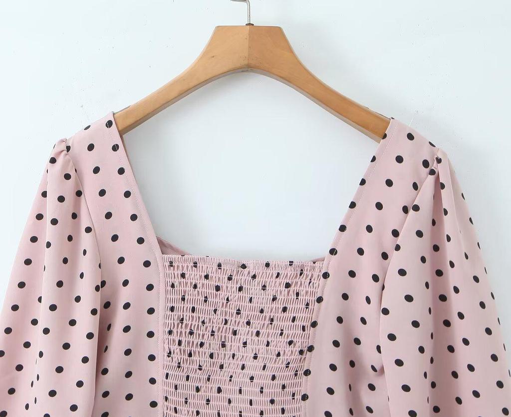 2025 Fashionable Women's French Chic Polka Dot Square Neck Top with Puff Sleeves