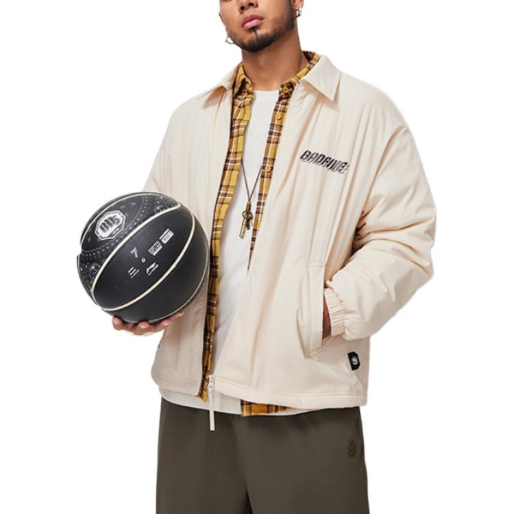 Li Ning Badfive Comfortable Casual Simple Zipper Letter Print Polo Loose Fleece Jacket Men jackets Rock-White Gray AFDU503-4