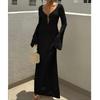 European-American V-Neck Hollow Texture Long-Sleeve Beach Dress