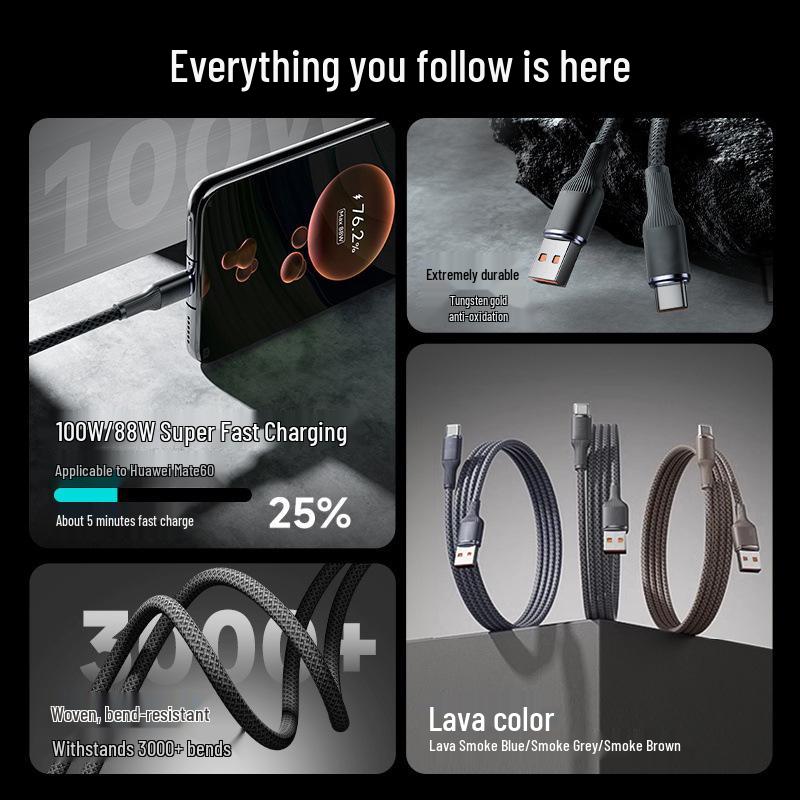 120W Super Fast Type-C Charging Cable, 3M Length, Compatible with Huawei Honor 6A Flash Charge.