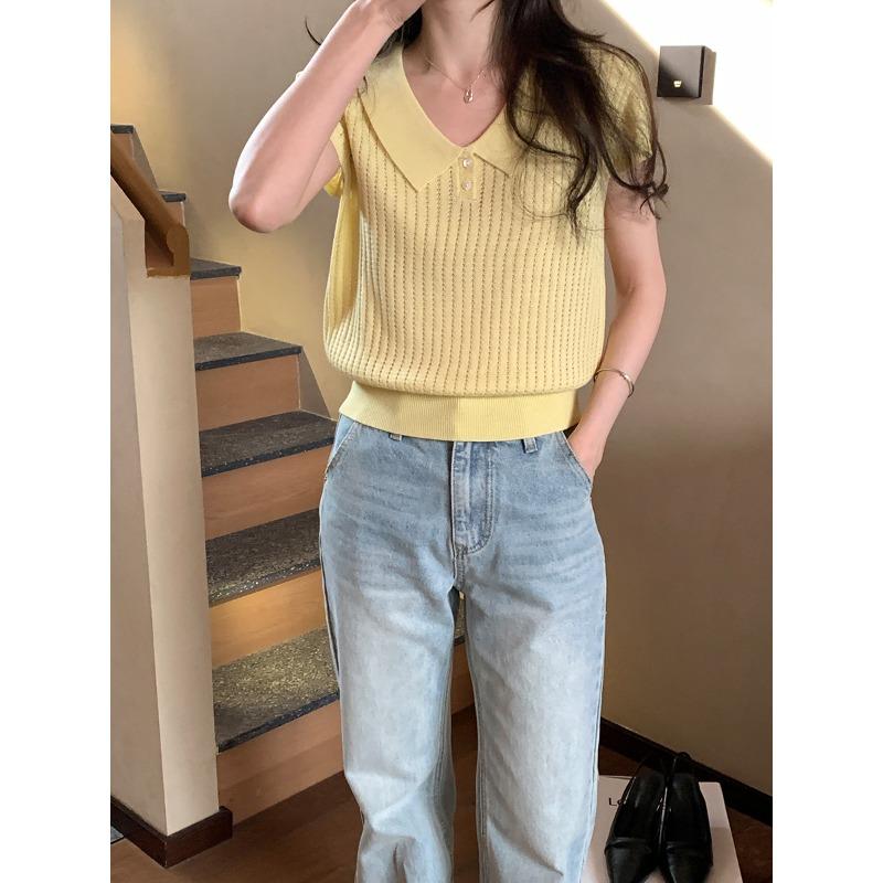 

Вязаный свитер с коротким рукавом для женщин F жёлтый