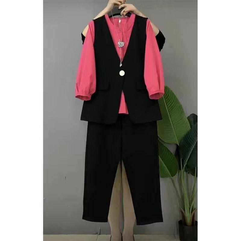 Trendy Plus Size Women's Slimming Three-Piece Set: Lantern Sleeve Shirt, Versatile Vest, and Pants